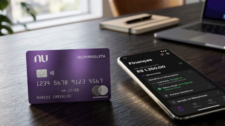 Cartão Nubank Ultravioleta de metal com aplicativo Nubank aberto ao lado em uma mesa.