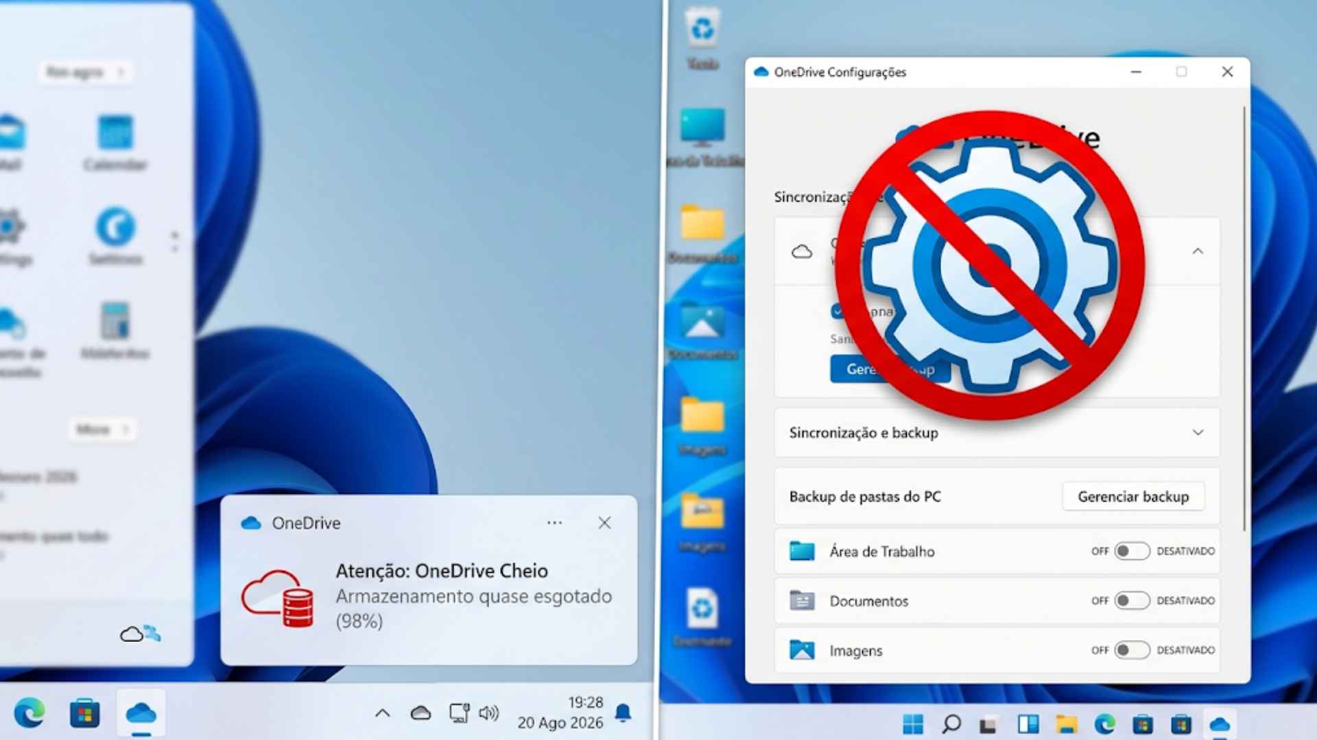 Mensagem do Onedrive de armazenamento quase cheio, do lado as configurações de Onedrive