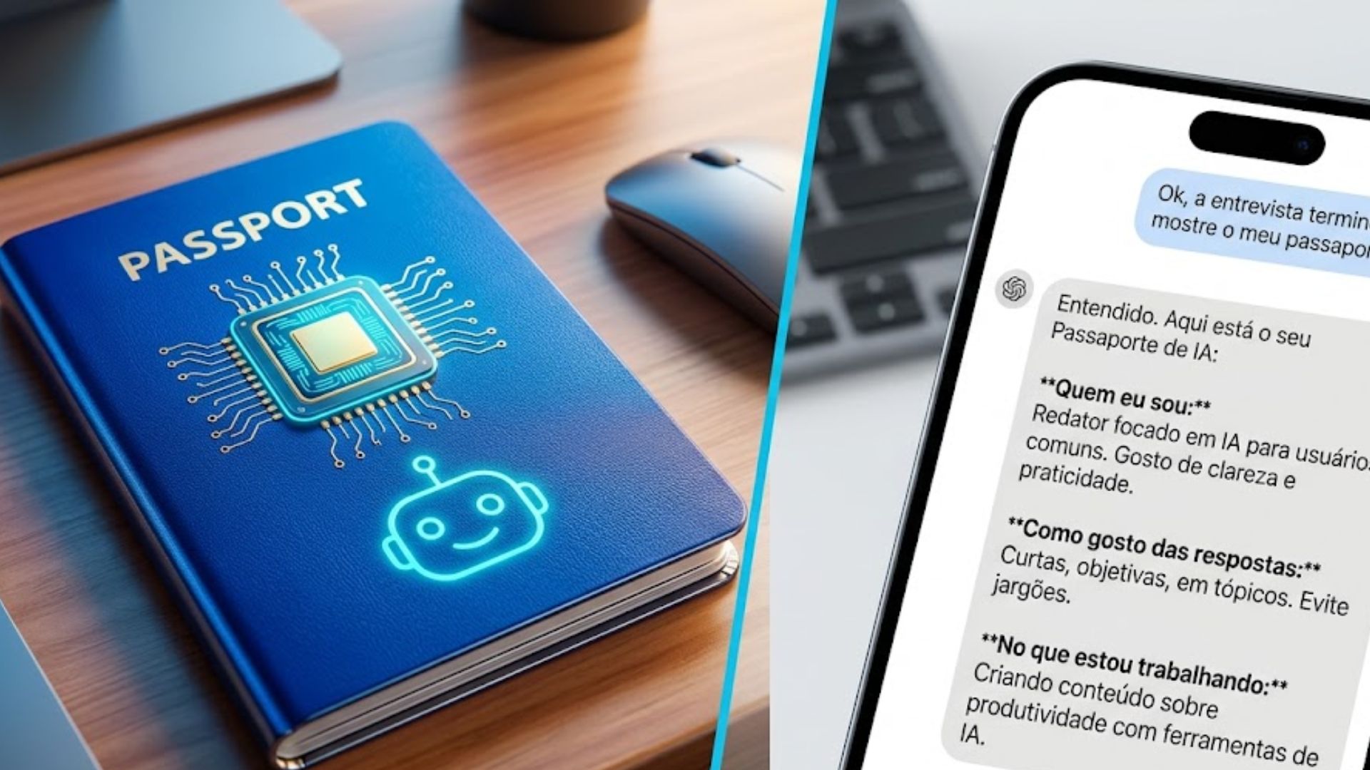 Como criar um Um passaporte com um chip no centro, simbolizando um passaporte de Inteligência Artifical, ao lado um prompt na IA