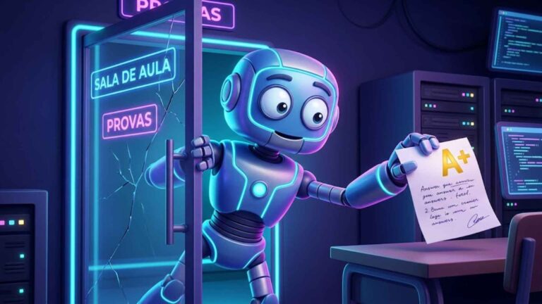 Robô da IA entrando na sala de prova e roubando o resultado
