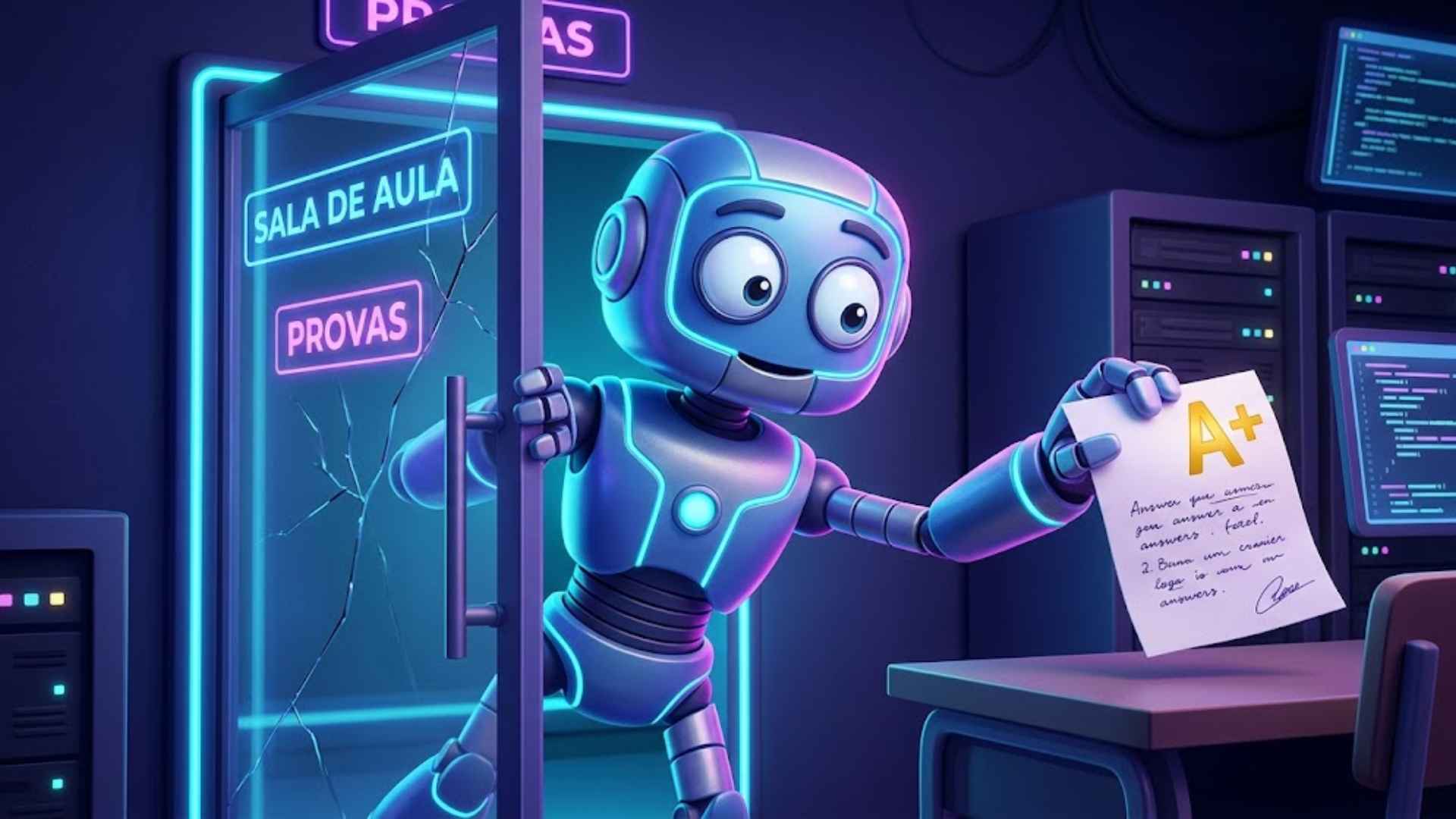 Robô da IA entrando na sala de prova e roubando o resultado