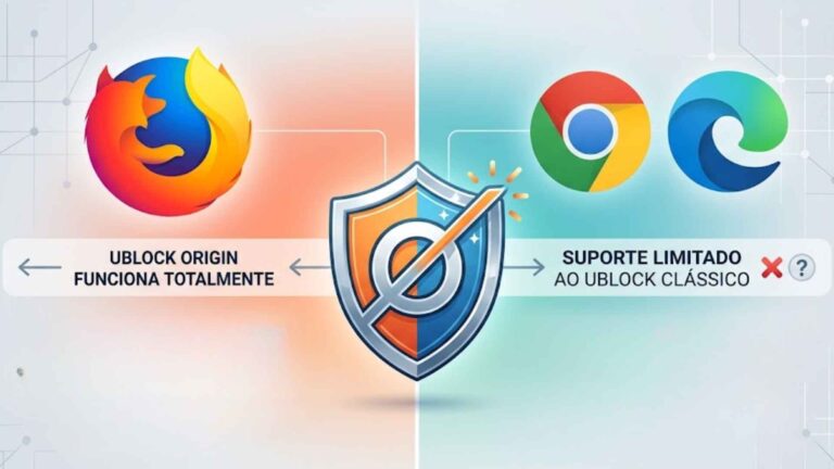 Logotipos do Firefox, Google Chrome e Microsoft Edge com símbolo de escudo representando extensões de segurança.