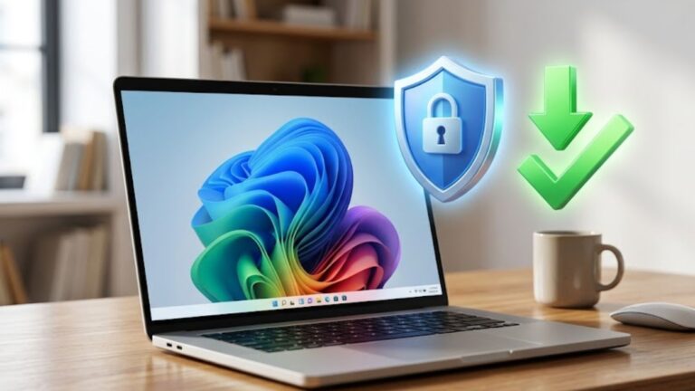Notebook com tela exibindo um cadeado de segurança e uma verificação ok de segurança