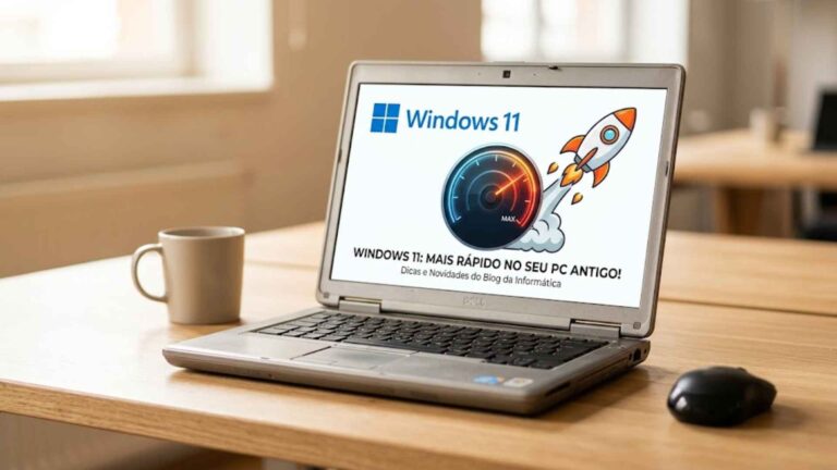 Notebook em cima de uma mesa de madeira, exibindo o logo o Windows 11 com um foguete demonstrando a velocidade mais alta