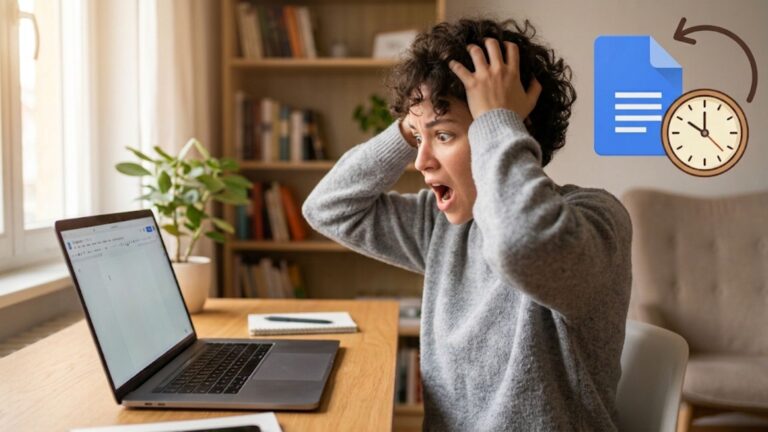 Mulher com cara de desespero ao perceber que apagou informações no Google Docs