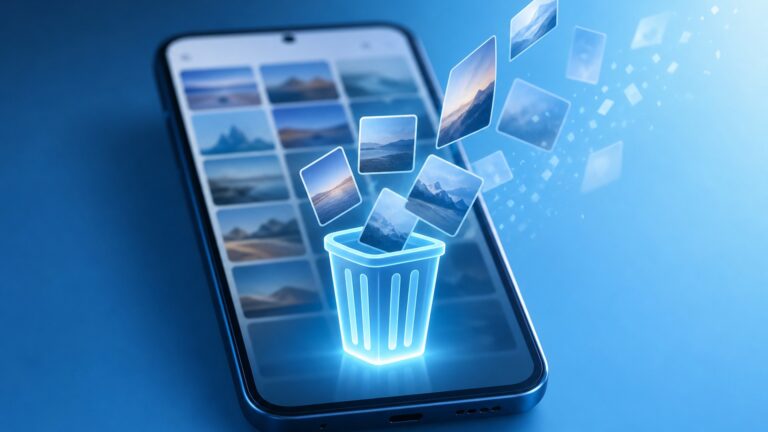 Google Fotos vai apagar itens da lixeira em 30 dias; prazo cai pela metade 3 Smartphone exibindo galeria de fotos com ícone de lixeira e imagens esmaecendo, ilustrando a redução do prazo da lixeira do Google Fotos para 30 dias