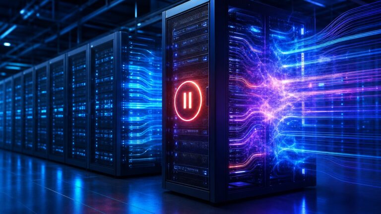 Demanda pelo GPT-6 Astra sobrecarrega servidores e OpenAI suspende novas assinaturas do ChatGPT Pro 2 Servidores de data center com fluxos de dados luminosos, ilustrando a sobrecarga causada pela demanda pelo GPT-6 Astra e a suspensão de novas assinaturas do ChatGPT Pro