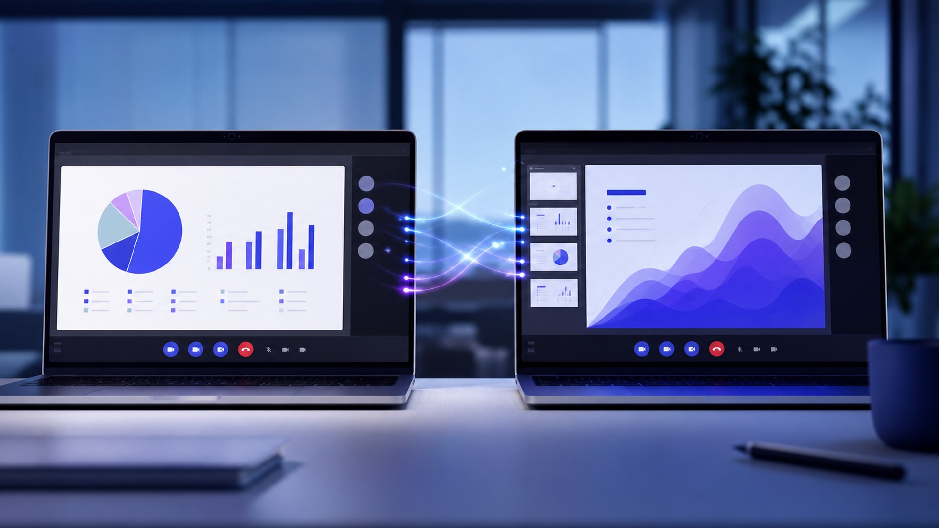 Dois laptops lado a lado com interfaces de reuniao mostrando compartilhamento de tela simultaneo no Microsoft Teams