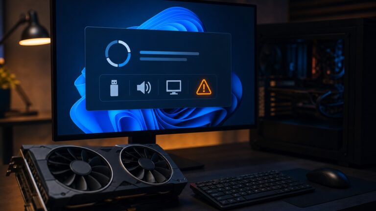 Desktop PC com interface abstrata de atualizacao do Windows e icone de aviso indicando problemas pendentes com GPU AMD