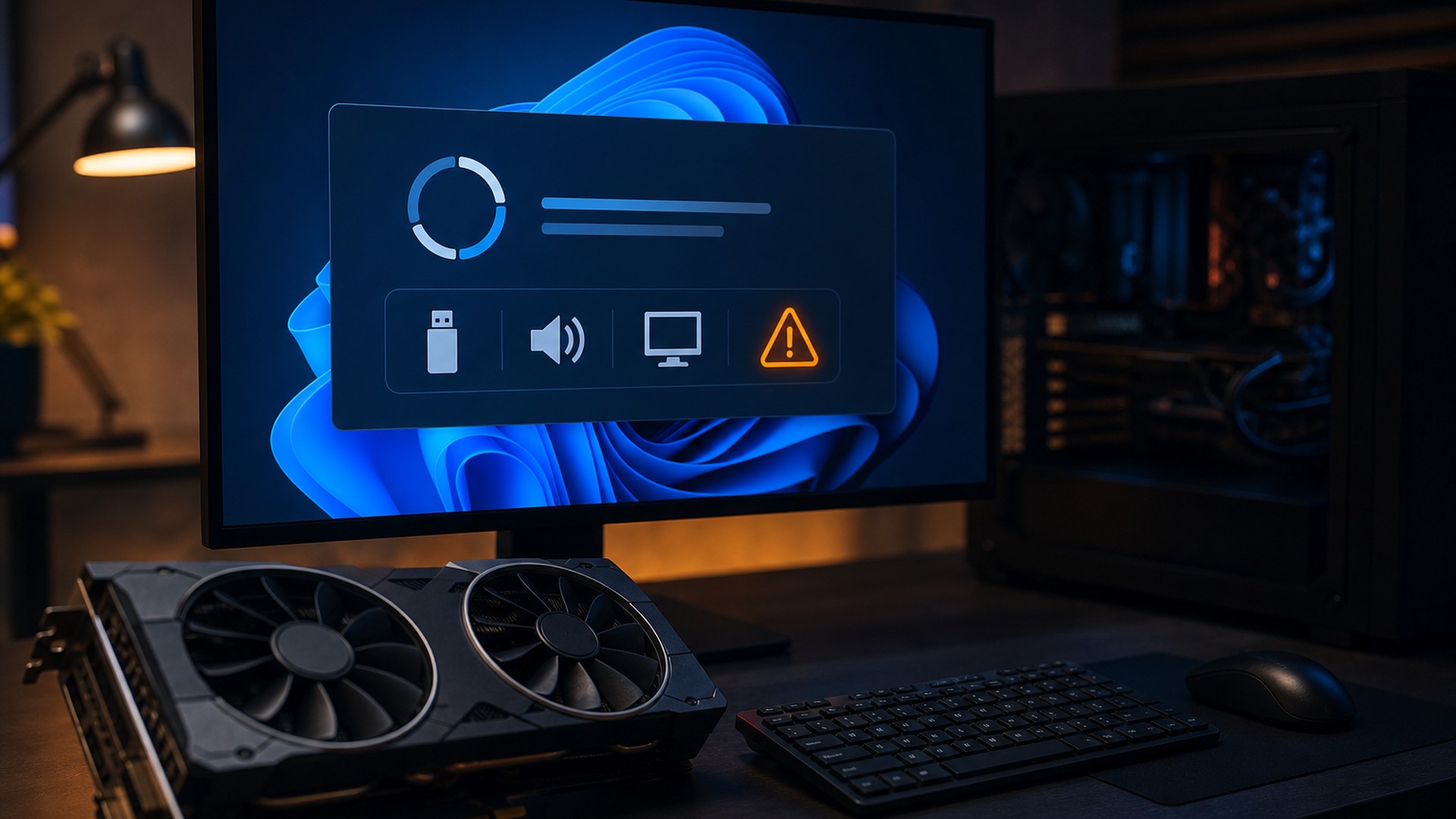 Desktop PC com interface abstrata de atualizacao do Windows e icone de aviso indicando problemas pendentes com GPU AMD