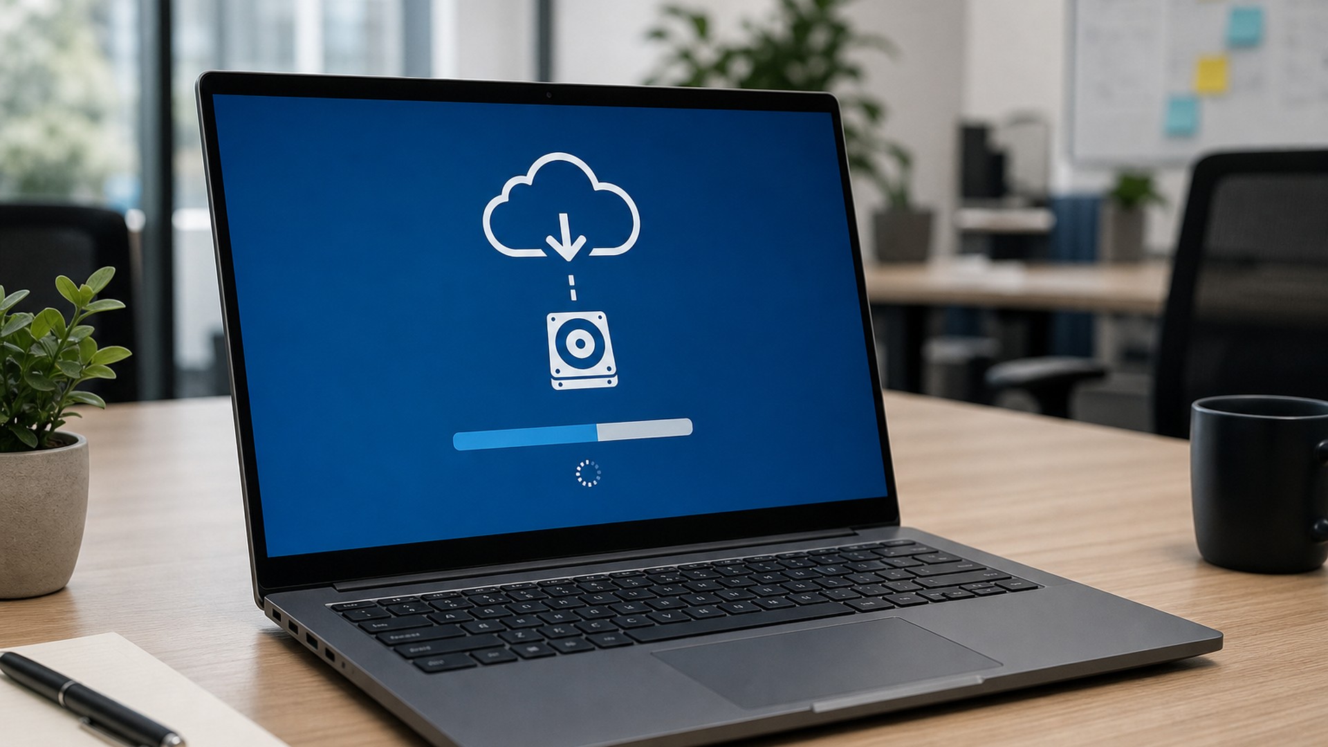 Windows 11 ganha higienização de disco e reinstalação remota no Cloud Rebuild 1 Notebook corporativo com tela de recuperação do Windows 11 e nuvem sugerindo reinstalação remota