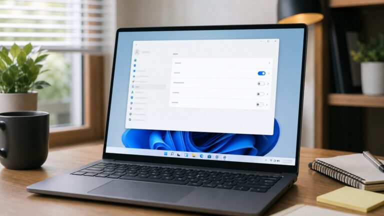 Notebook com a página de Pesquisa nas Configurações do Windows 11 e opção de indexação automática