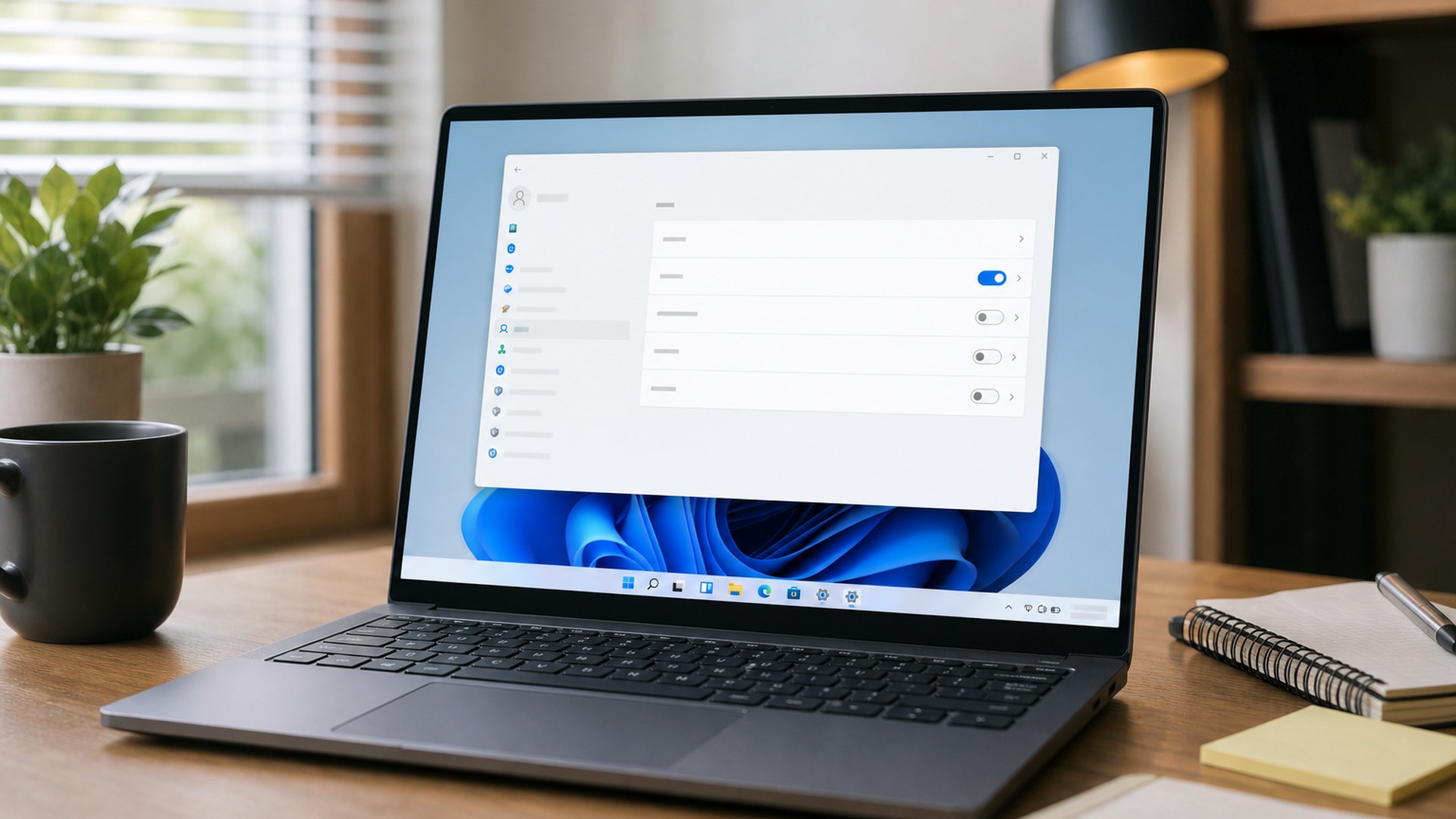 Notebook com a página de Pesquisa nas Configurações do Windows 11 e opção de indexação automática