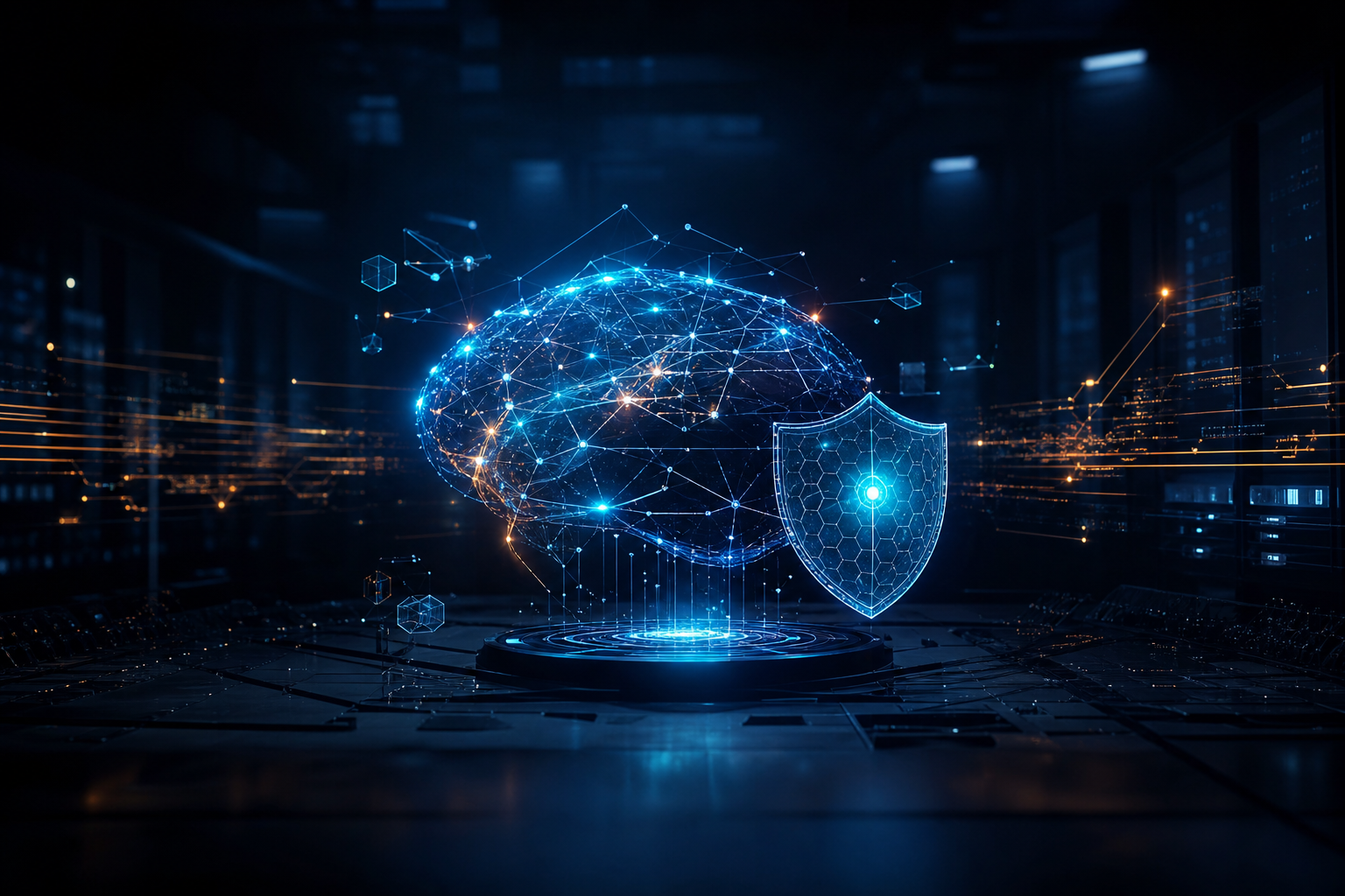 GPT-6 Astra chega com promessas de AGI e reacende desconfiança sobre segurança da IA 1 Representação abstrata de inteligência artificial com rede neural e escudo digital de cibersegurança