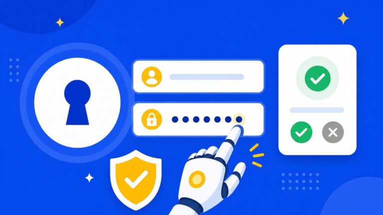Formulário de login preenchido automaticamente com cartão de aprovação e escudo