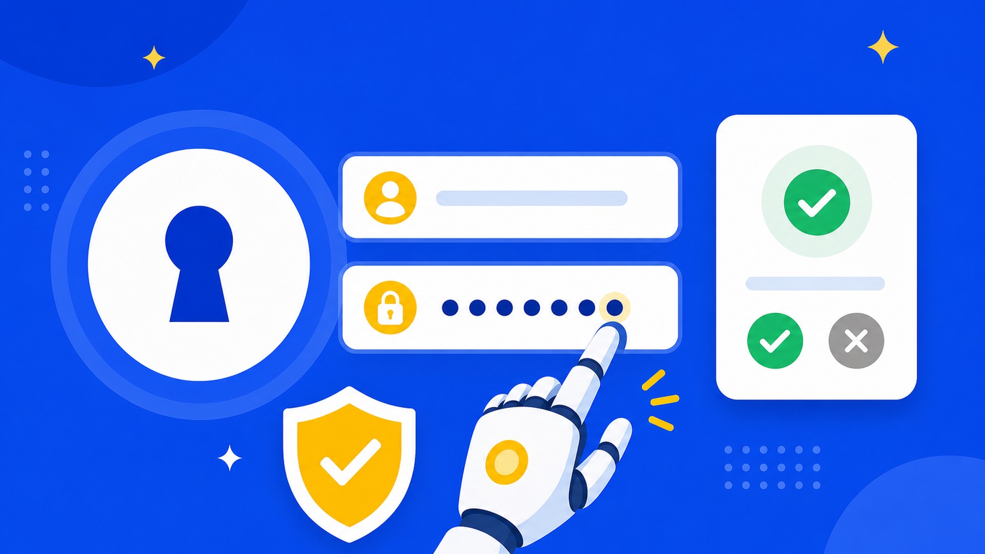 Formulário de login preenchido automaticamente com cartão de aprovação e escudo