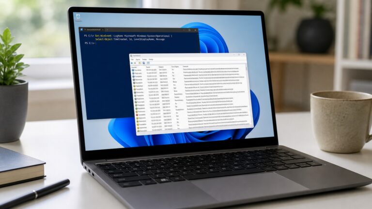 Laptop mostrando terminal com monitoramento de atividades no Windows 11