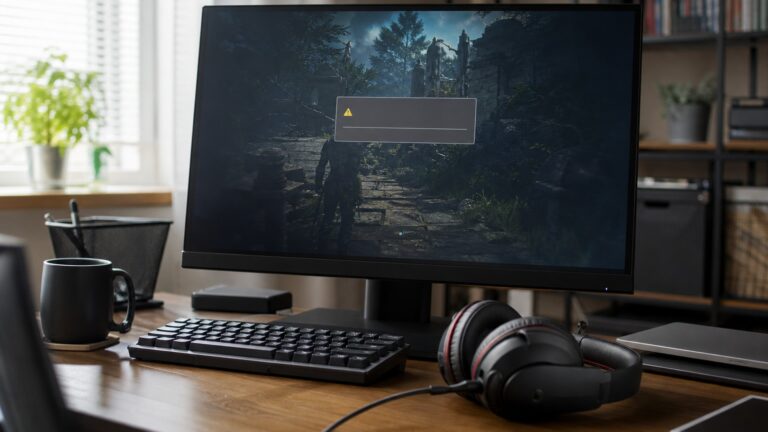 Computador com jogo travado e fones de ouvido ao lado