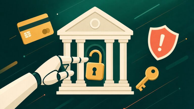 Ilustração de um banco com um cursor de robô tentando abrir um cadeado, cartão e escudo de alerta ao redor