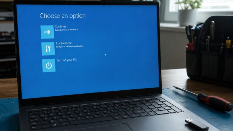 Notebook com Windows 11 na tela do ambiente de recuperação sobre a mesa de um técnico