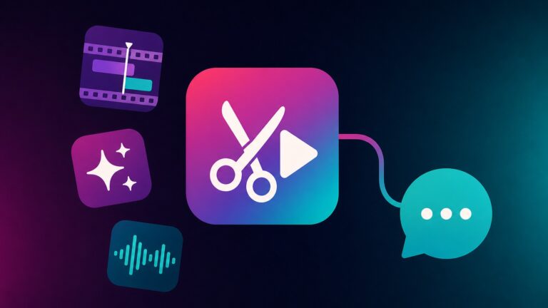 Ícone de editor de vídeo ligado a um balão de chat, com ícones de timeline, IA e áudio