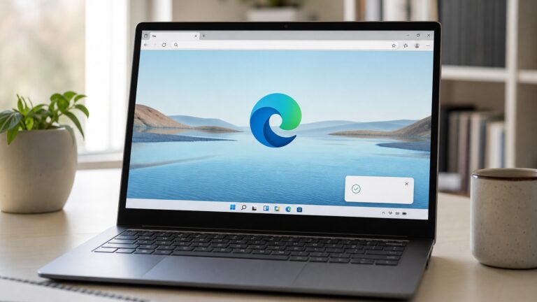 Notebook em uma mesa exibindo o navegador Microsoft Edge com aviso de atualização concluída