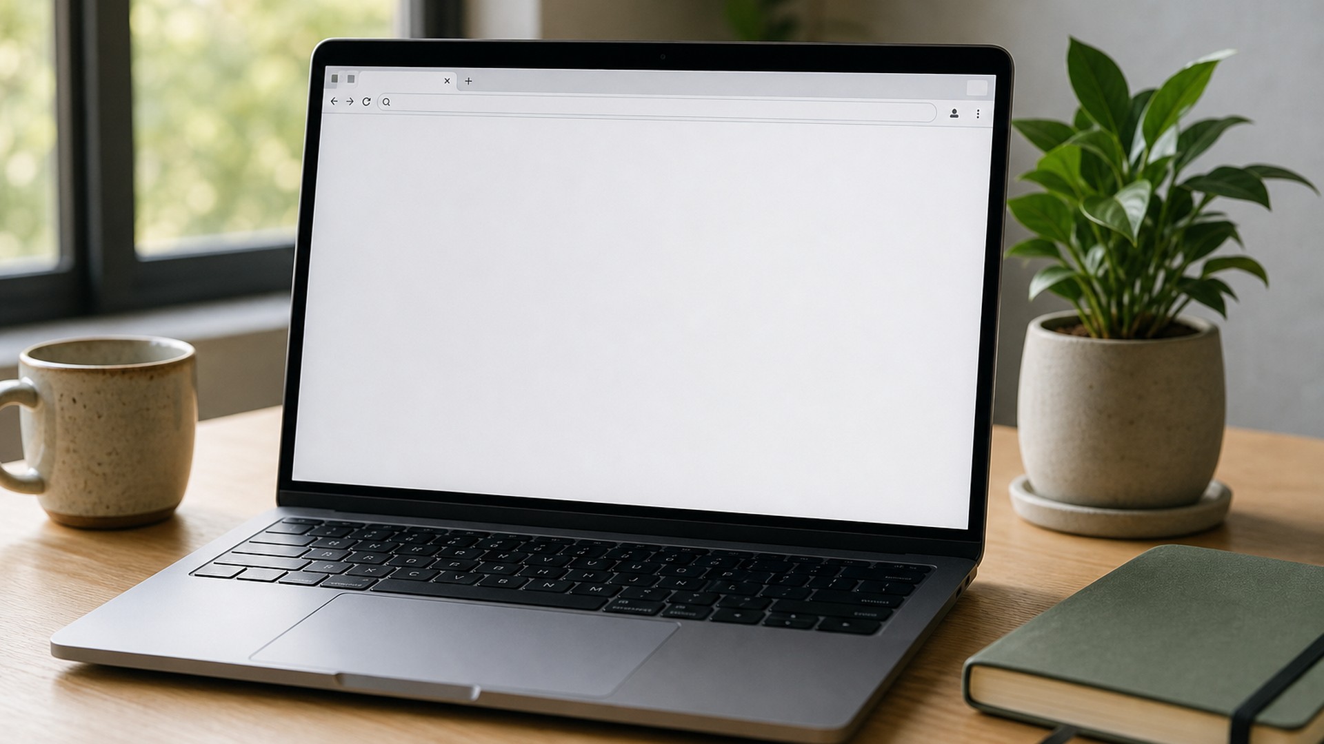 Laptop exibindo navegador minimalista sobre mesa de madeira, ilustrando o ungoogled-chromium