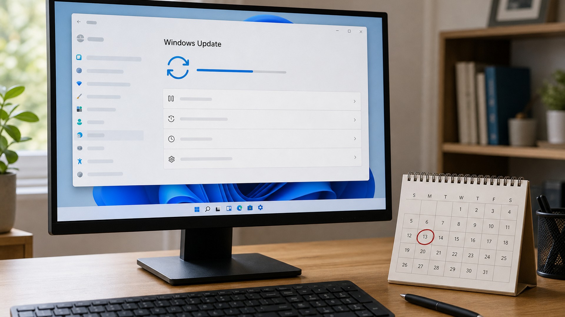 Windows 11 24H2 Home e Pro chegam ao fim do suporte hoje; veja o que fazer 1 Monitor mostrando o painel do Windows Update e um calendário de mesa com dia circulado, ilustrando o fim do suporte do Windows 11 24H2