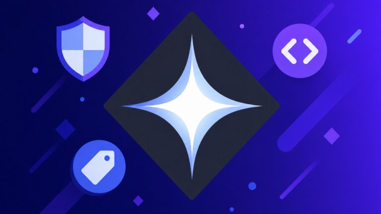 Gemini 4 Carbon chega com o melhor placar do mercado e preço de API pela metade 3 Estrela de quatro pontas sobre losango cinza com ícones de escudo, código e preço, em fundo violeta