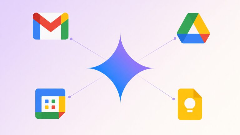 Logotipo do Gemini ao centro, ligado a ícones de Gmail, Drive, Agenda e Keep