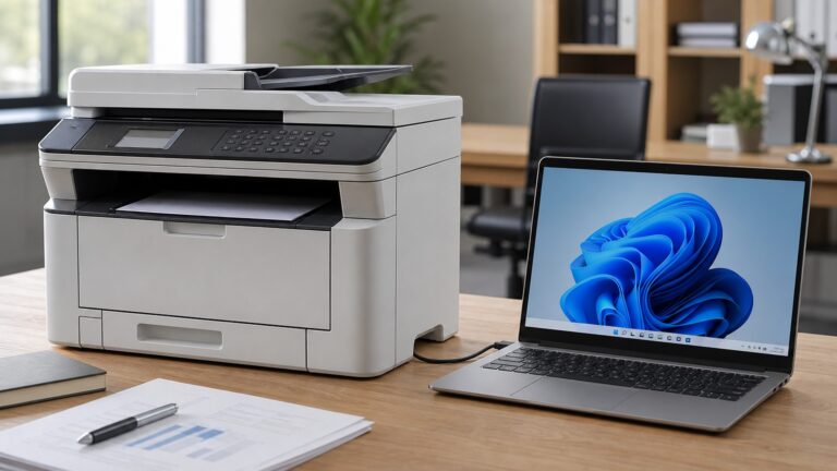 Impressora de escritorio conectada a notebook
