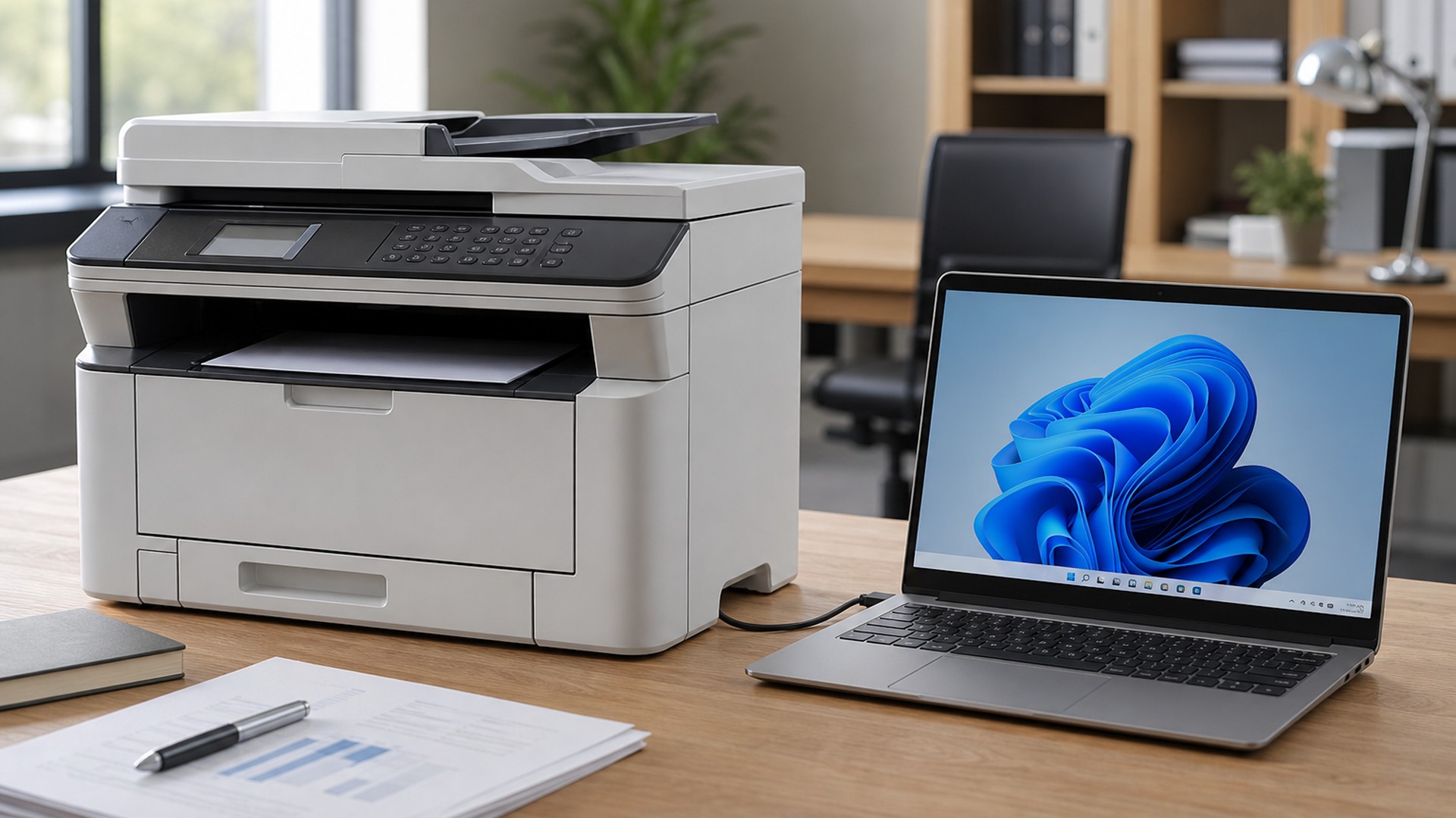 Impressora de escritorio conectada a notebook