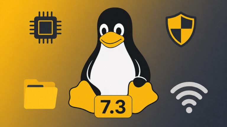 Mascote Tux com etiqueta 7.3 cercado por ícones de chip, escudo, pasta e rede