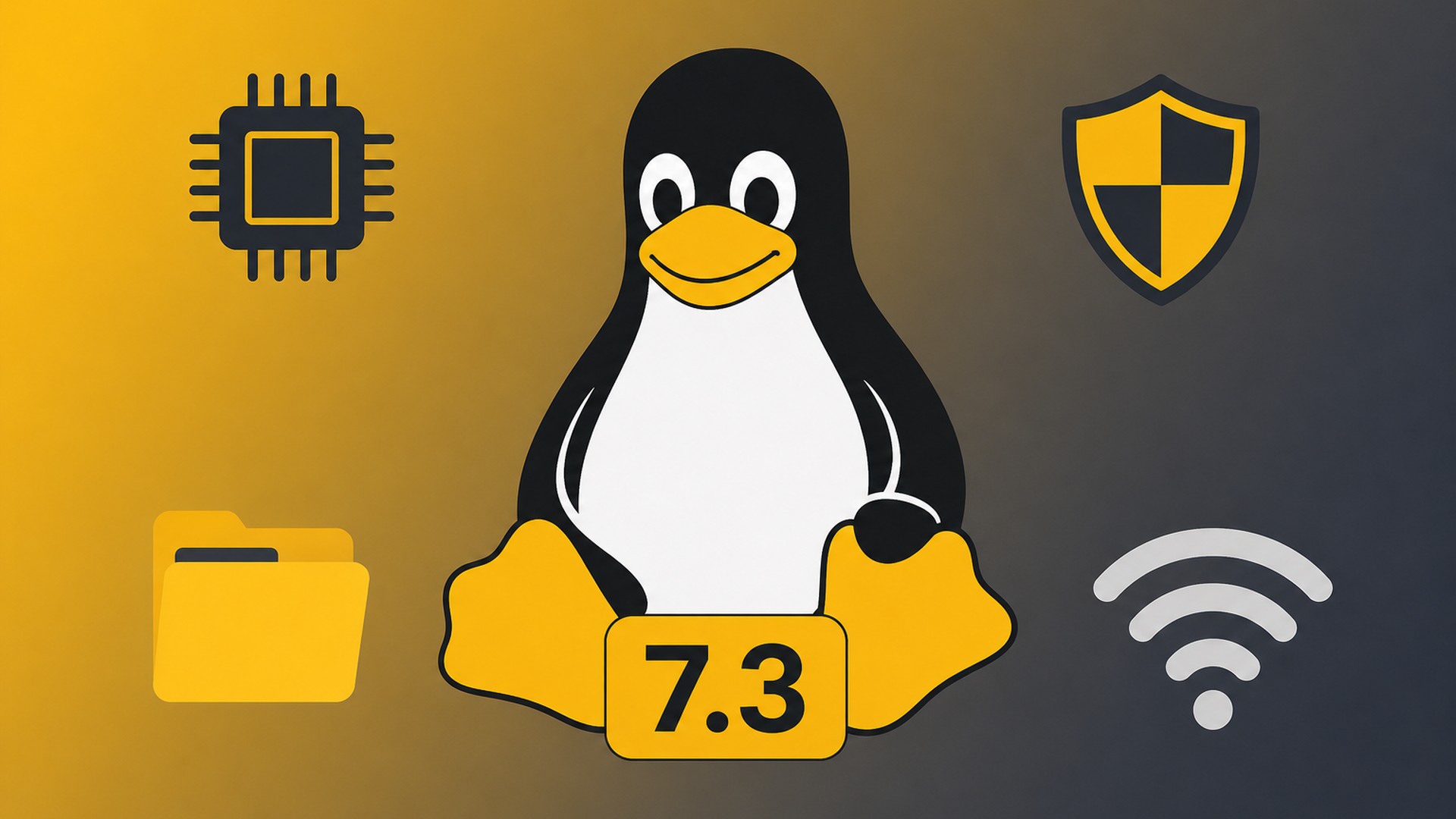 Linux 7.3 é lançado com mais segurança, sistemas de arquivos melhores e suporte a novo hardware 1 Mascote Tux com etiqueta 7.3 cercado por ícones de chip, escudo, pasta e rede