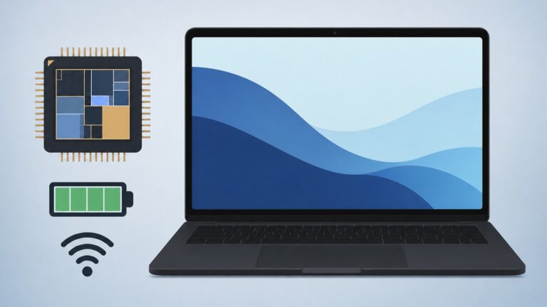 Notebook preto aberto ao lado de ícones de chip, bateria e Wi-Fi