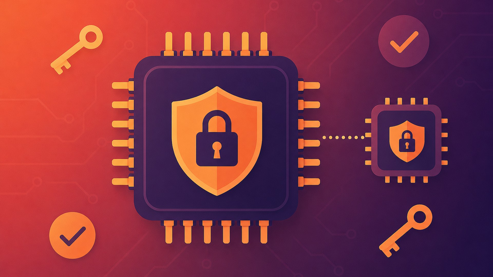Ilustração de um chip com escudo e cadeado ligado a outro chip por linha pontilhada