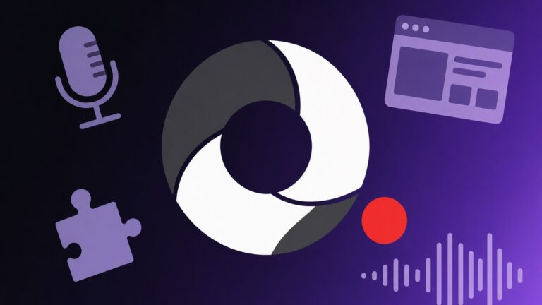 Emblema de gravação com ícones de microfone, plugin e janela de navegador