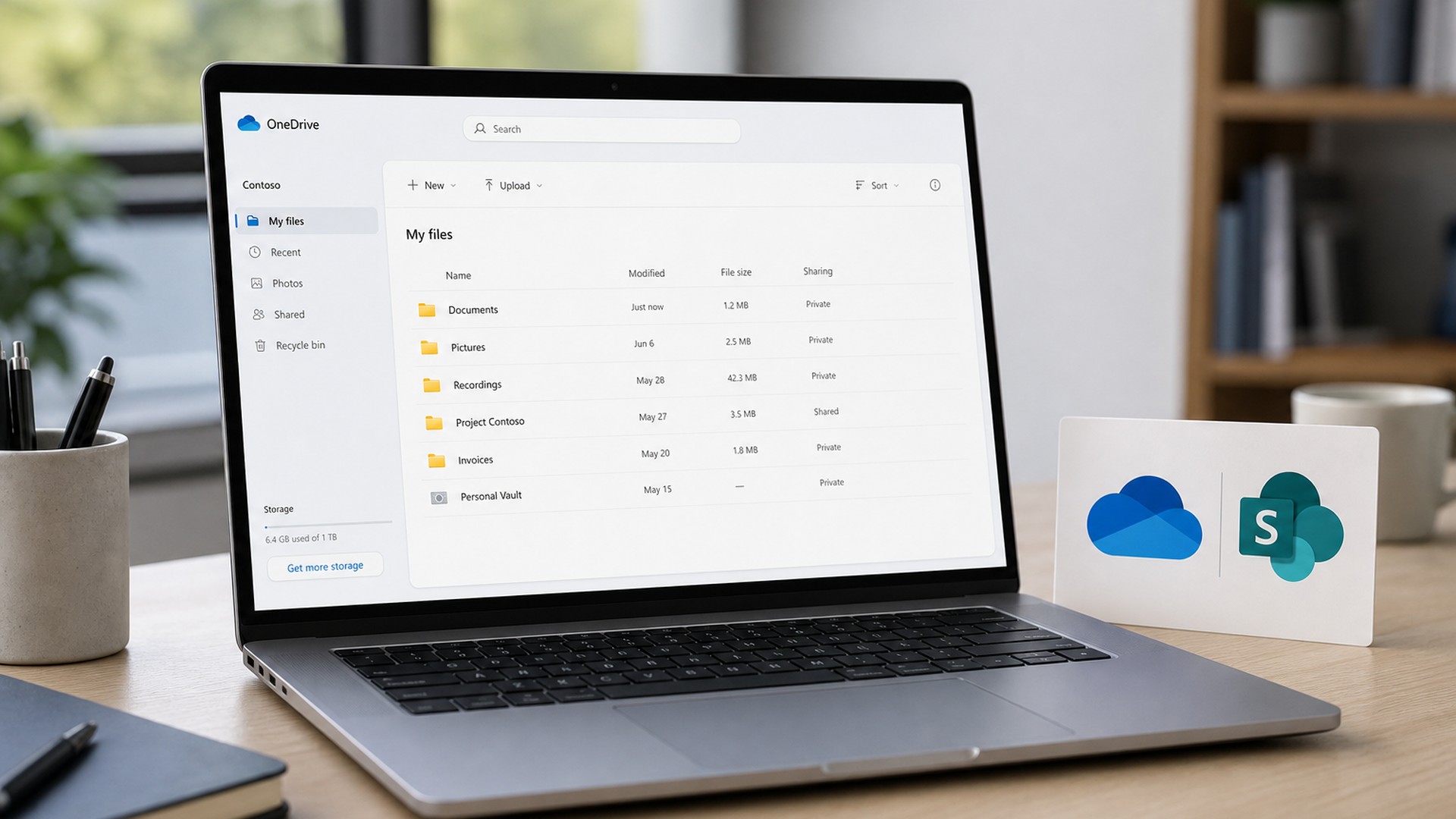 Notebook com busca de arquivos na nuvem ao lado dos logotipos do OneDrive e do SharePoint