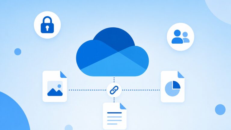 Nuvem do OneDrive ligada por um ícone de corrente a três documentos, com cadeado e ícone de pessoas