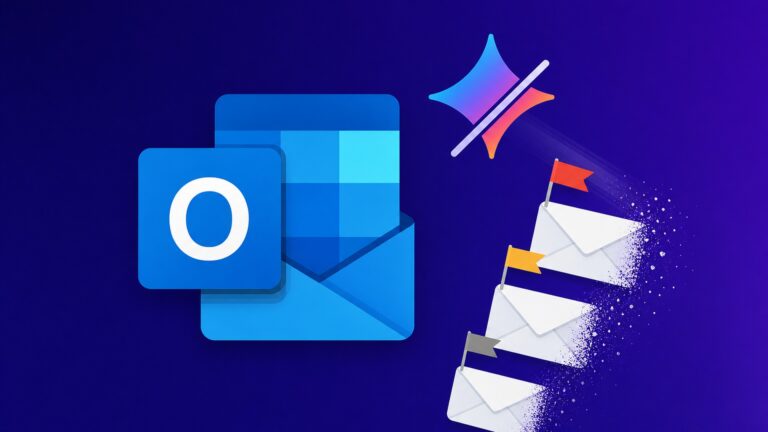 Logo do Outlook ao lado de um ícone de Copilot riscado e e-mails com marcadores de prioridade sendo apagados