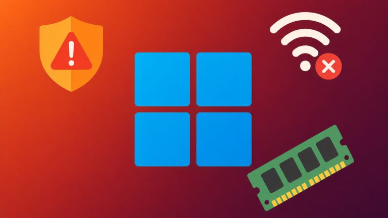 Logotipo do Windows 11 cercado por ícones de escudo de alerta, Wi-Fi com falha e memória RAM