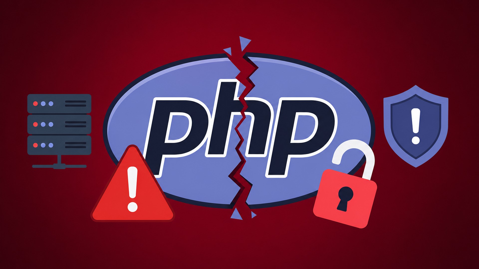 Logotipo do PHP rachado ao lado de cadeado aberto, servidor e escudo de alerta