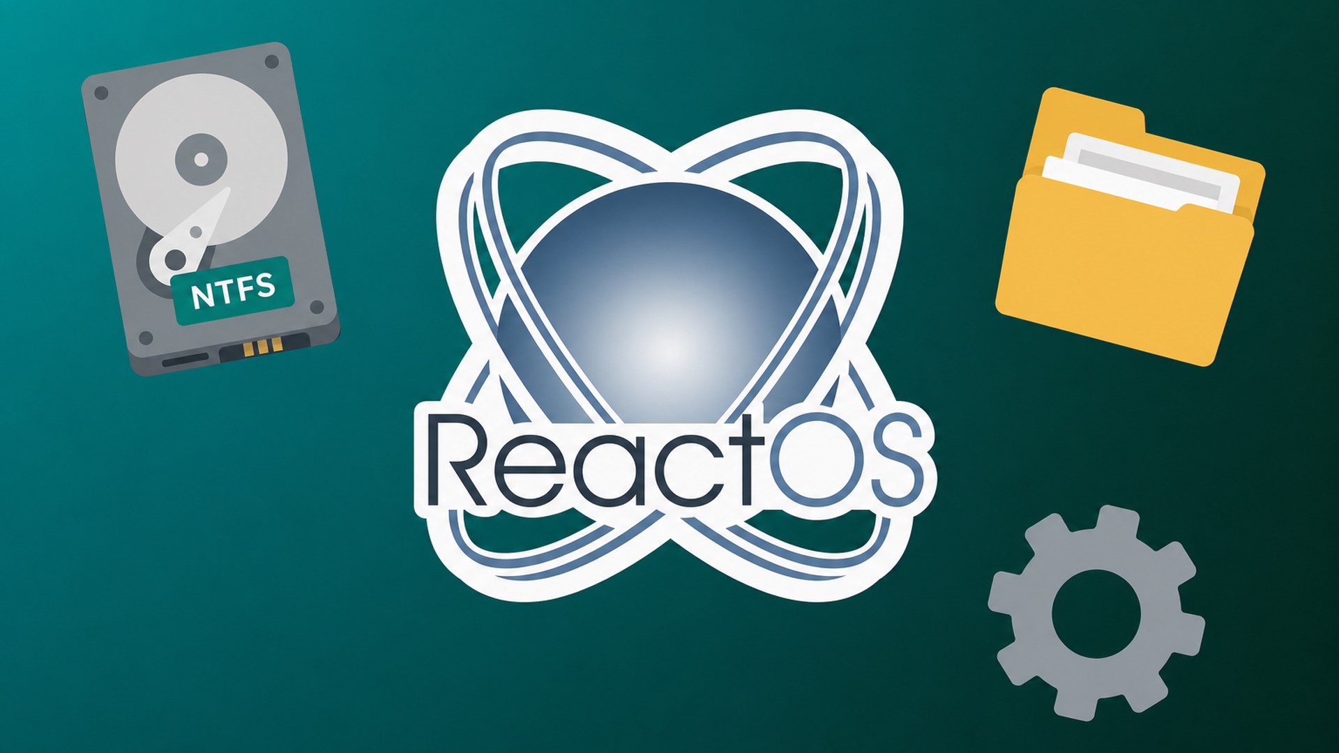 Ilustração com o logotipo do ReactOS cercado por ícones de disco NTFS, pasta e engrenagem