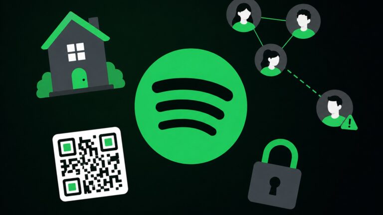 Logotipo do Spotify cercado por ícones de casa, avatares, QR code e cadeado