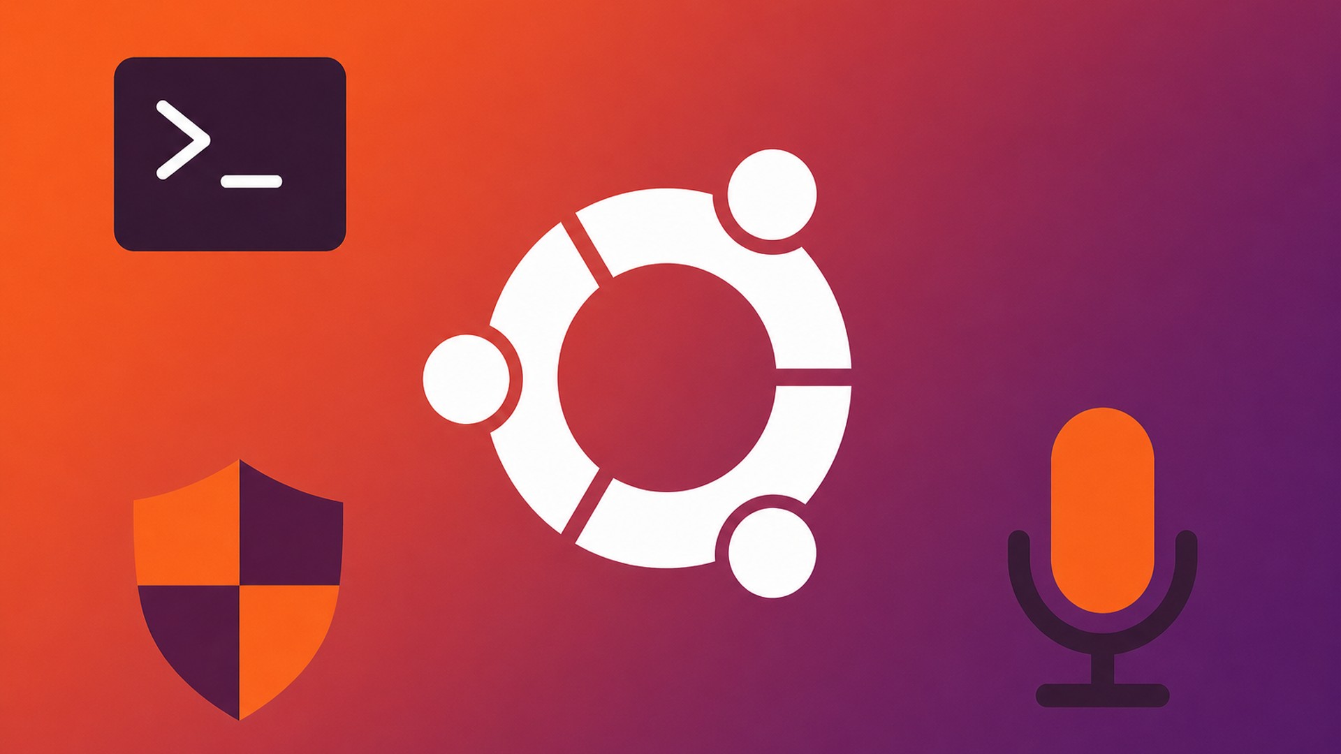 Ilustração do logotipo do Ubuntu cercado por ícones de terminal, escudo e microfone