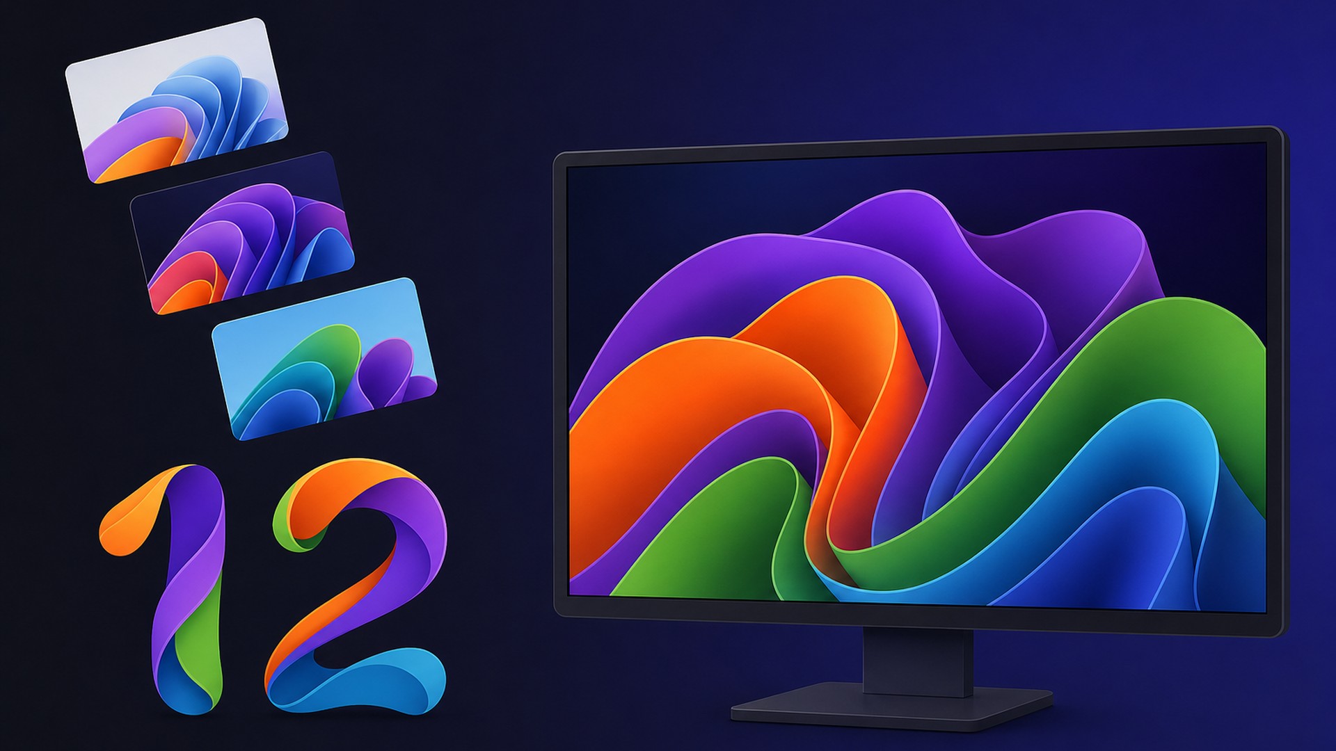 Monitor exibindo papel de parede de fitas coloridas ao lado de miniaturas e do número 12