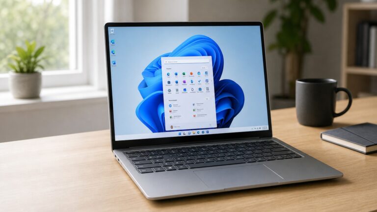 Notebook com menu Iniciar do Windows 11 aberto em uma mesa de escritorio