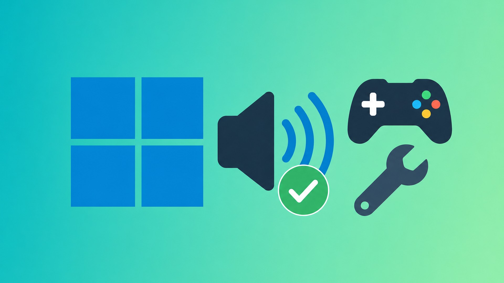 Logotipo do Windows 11 ao lado de ícone de alto-falante com sinal de verificação, controle de jogo e chave inglesa