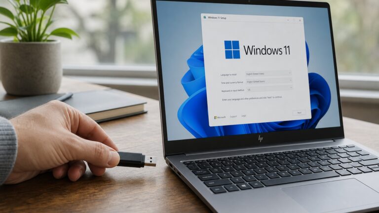 Mão conectando um pendrive a um notebook com a tela de instalação do Windows 11