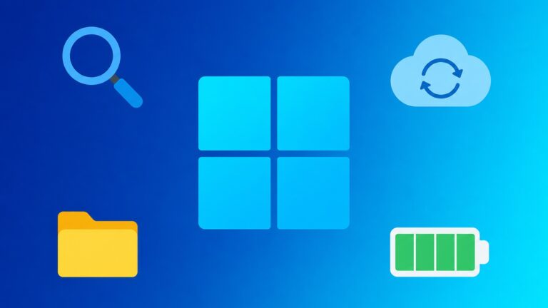 Windows 11: os 9 recursos Insider que a Microsoft está testando em outubro 3 Ilustração do logotipo do Windows 11 cercado por ícones de lupa, nuvem, pasta e bateria